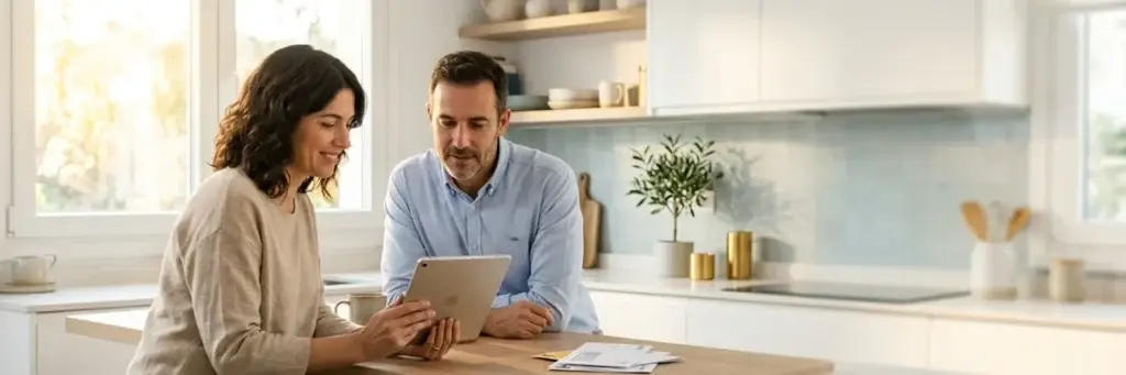 Pareja observando una Tablet haciendo previsión financiera para intentar evitar los gastos hormiga