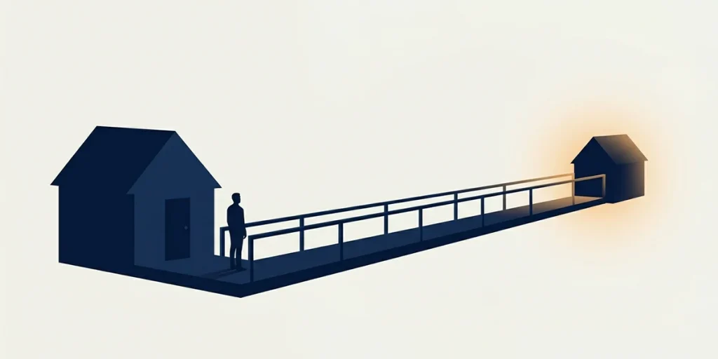 Persona en una pasarela que conecta dos viviendas, ilustrando cómo funciona el préstamo puente para un cambio de casa