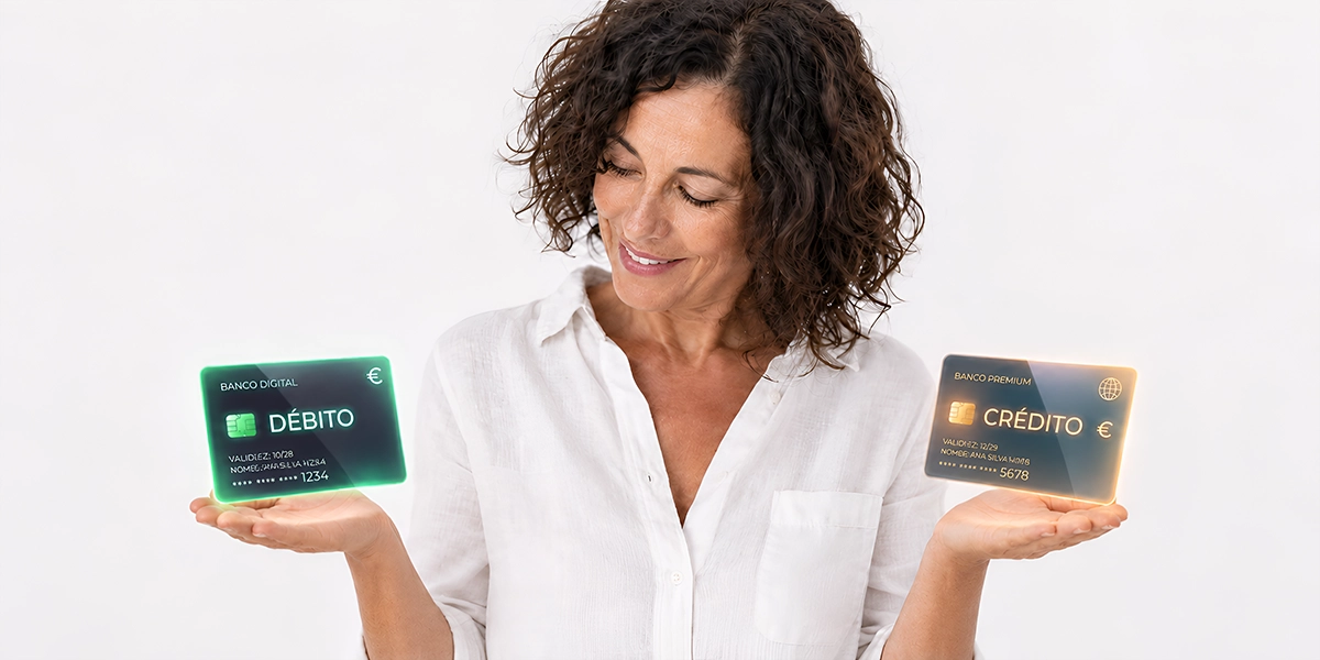 Mujer sujetando dos tarjetas bancarias en las manos, ilustrando qué es una tarjeta de débito y cómo se diferencia de otros medios de pago