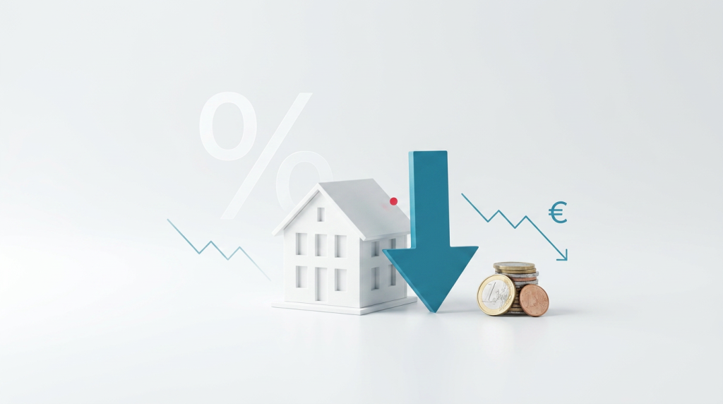 Gráfico descendente con casa y monedas euro que ilustra las consecuencias de la bajada de tipos de interés en el mercado hipotecario