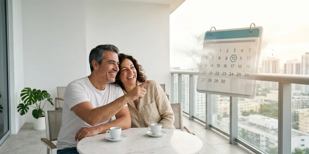 Pareja sonriendo en terraza tras resolver sus deudas, representando cuándo caduca una deuda y la liberación financiera