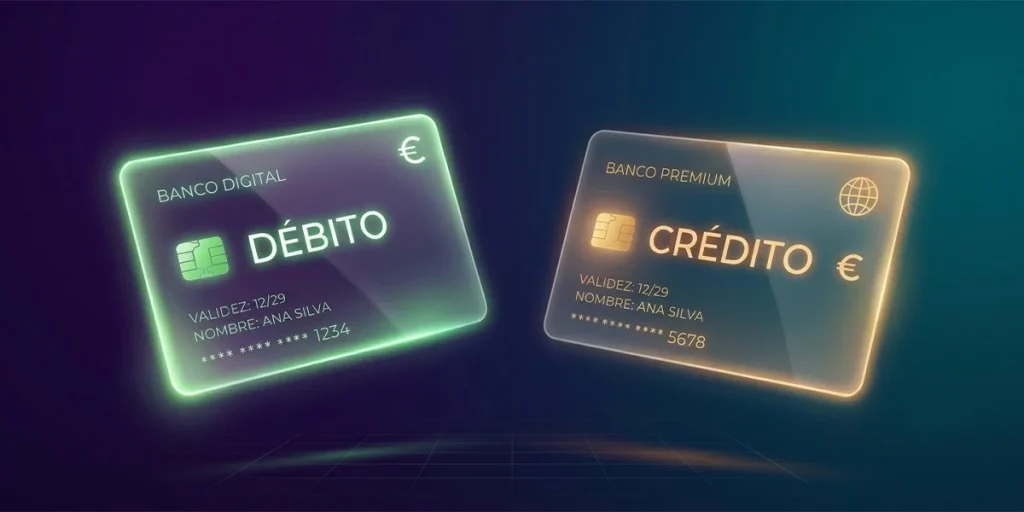 Comparativa visual entre una tarjeta de débito y una tarjeta de crédito colocadas una junto a la otra, ilustrando las principales diferencias entre ambos medios de pago