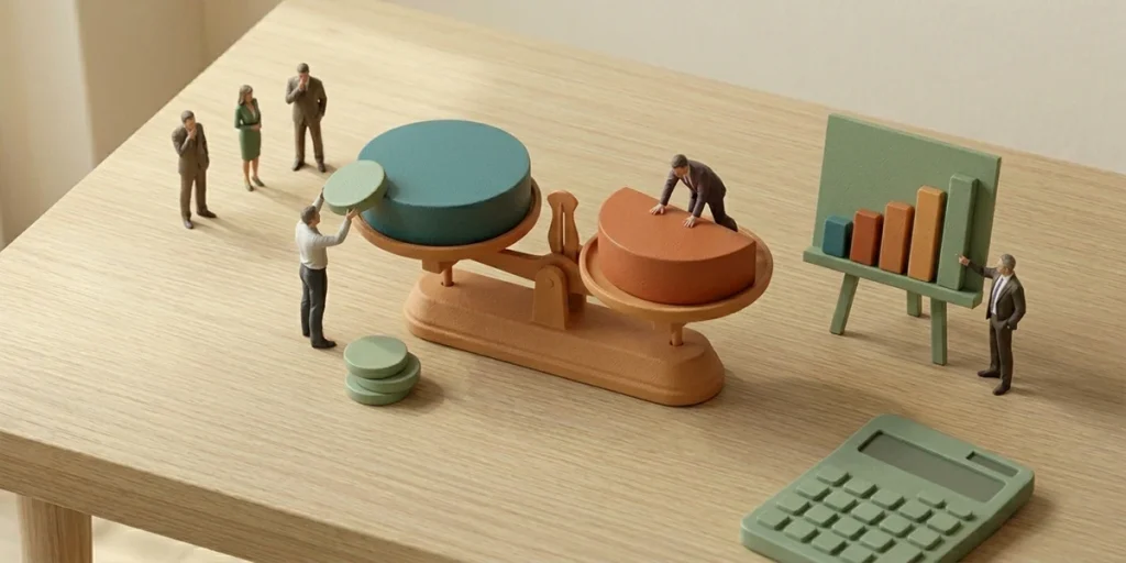 Figuras en miniatura equilibrando gráficos de tarta en una balanza junto a una calculadora y un panel de barras