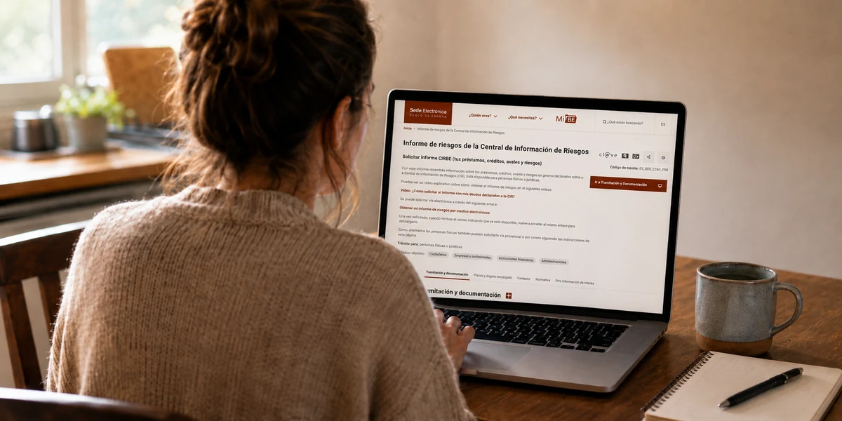 Mujer consultando en su portátil el informe CIRBE con riesgo disponible a 0 en la Sede Electrónica del Banco de España
