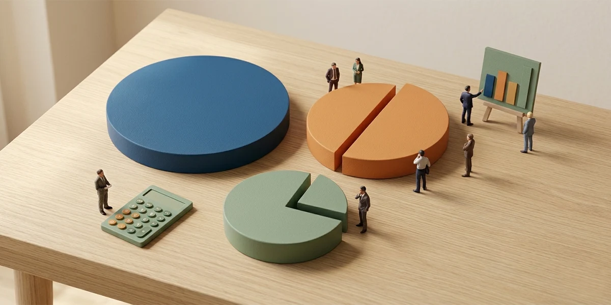 Figuras en miniatura junto a gráficos de tarta y una calculadora representando el análisis del ratio de endeudamiento