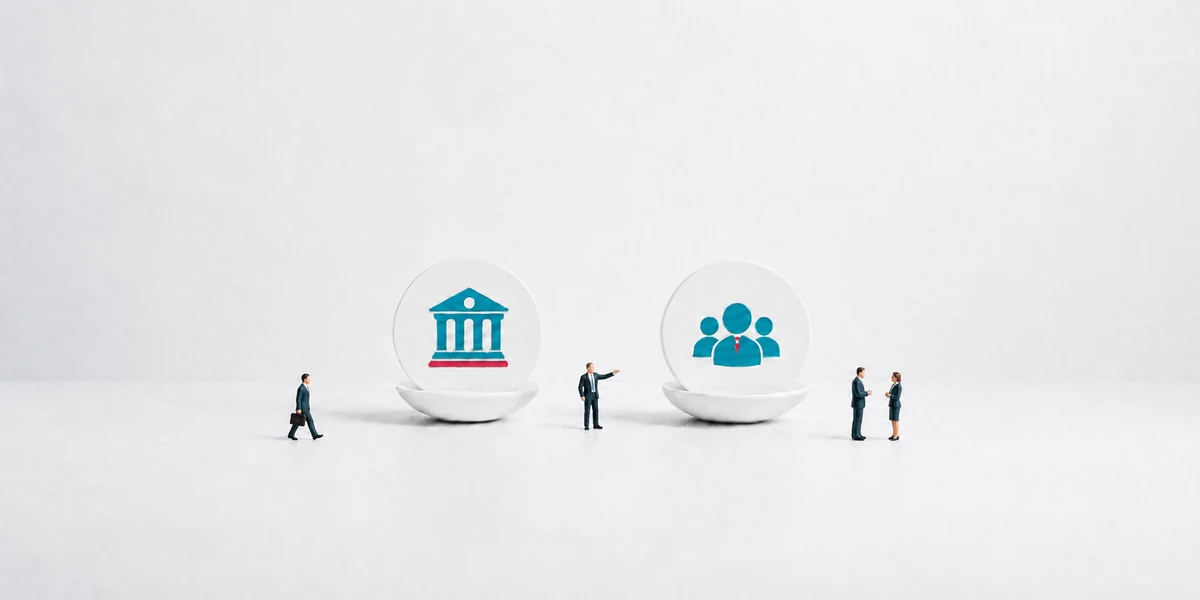 Figuras entre dos esferas, representando la gestión simultánea de deudas con la Seguridad Social y el banco