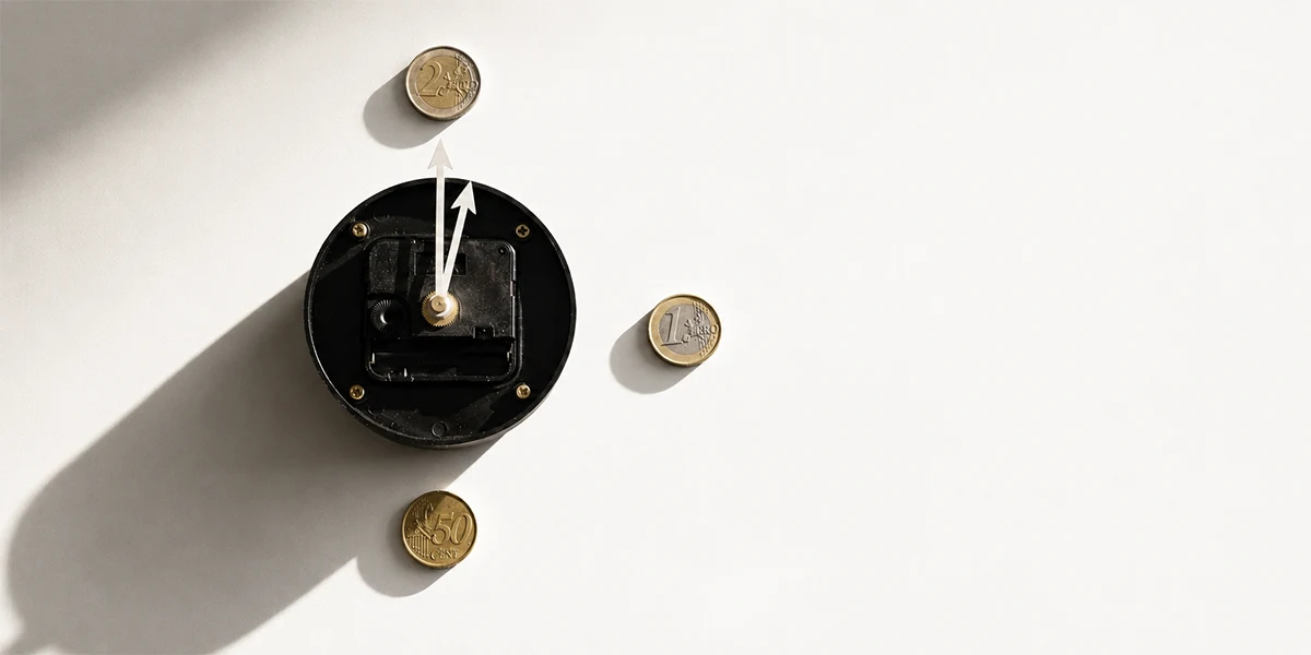 Definición de la inflación: reloj rodeado de monedas que ilustra cómo el dinero pierde valor con el tiempo