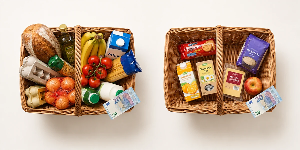 Imagen del blog para articulo de que es la inflacion. En la imagen 2 cestas de alimentos que representan perfectamente la inflación.