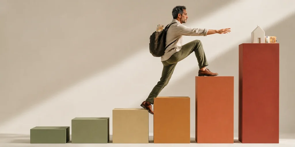 Hombre subiendo escalones de colores hacia una casa con billetes, ilustrando el esfuerzo económico necesario para acceder, por ejemplo, a una vivienda
