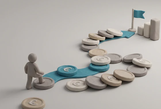 Persona caminando sobre monedas de euro hacia una meta, educación financiera para principiantes