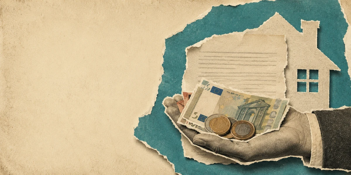 Mano sosteniendo billetes y monedas de euro junto a un contrato y la silueta de una casa, ilustrando cómo funciona un préstamo personal