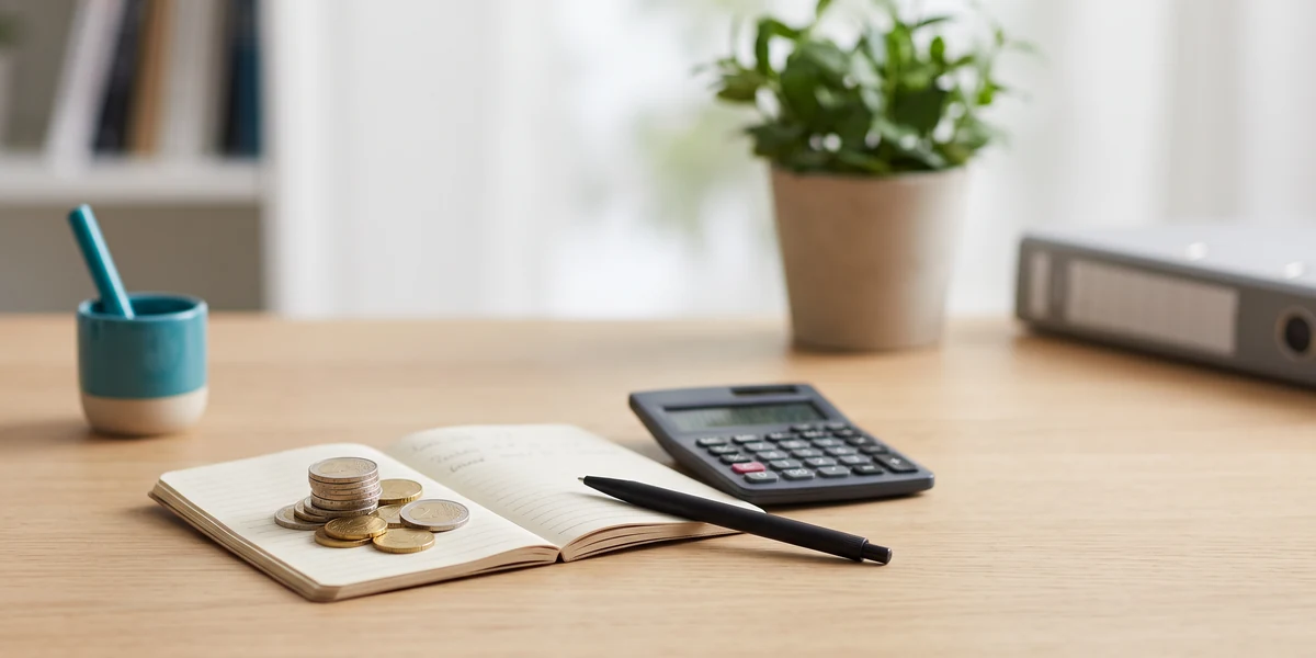 Libreta abierta con monedas de euro y calculadora sobre la mesa, ilustración sobre cómo se calcula el finiquito