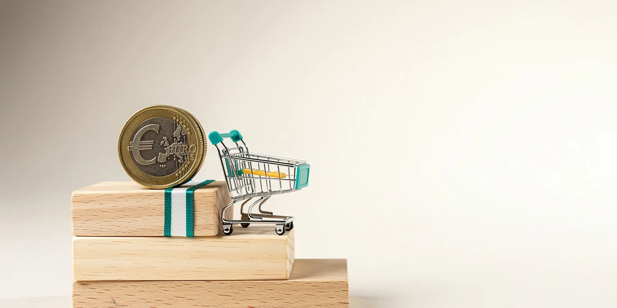 Moneda de euro y carrito de la compra sobre bloques de madera en descenso, imagen sobre qué es la deflación