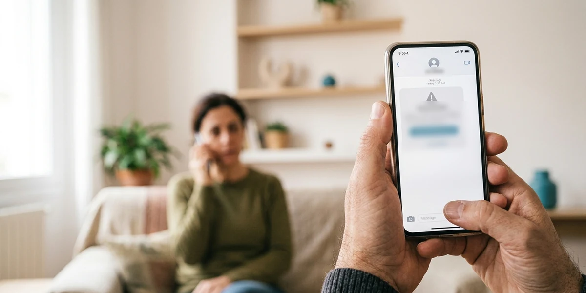 Ejemplo de phishing bancario en la pantalla de un móvil sostenido en la mano, con una mujer al teléfono al fondo
