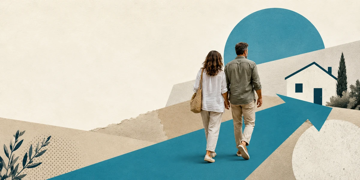 Pareja caminando de espaldas hacia una casa, con una flecha señalando el camino hacia una hipoteca sin entrada