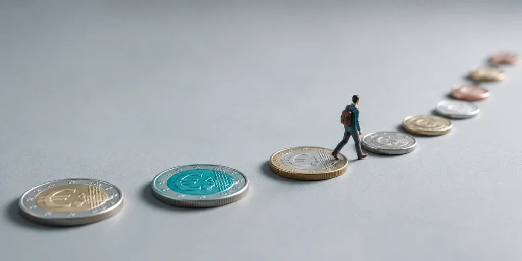 Figura en miniatura caminando sobre monedas de euro dispuestas como peldaños, ideas de ingresos pasivos