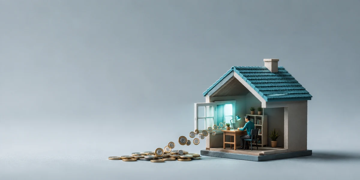 Casa en miniatura con una persona trabajando en su escritorio y monedas de euro entrando por la ventana, ingresos pasivos desde casa