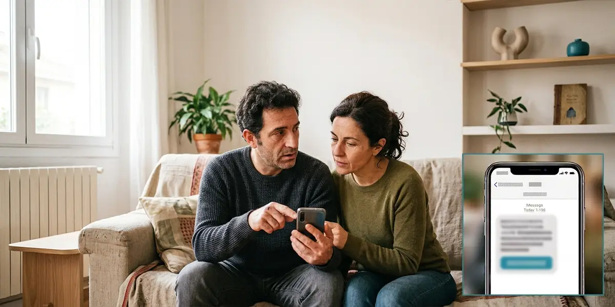 Pareja revisando en el móvil un mensaje sospechoso de phishing bancario sentada en el sofá de casa