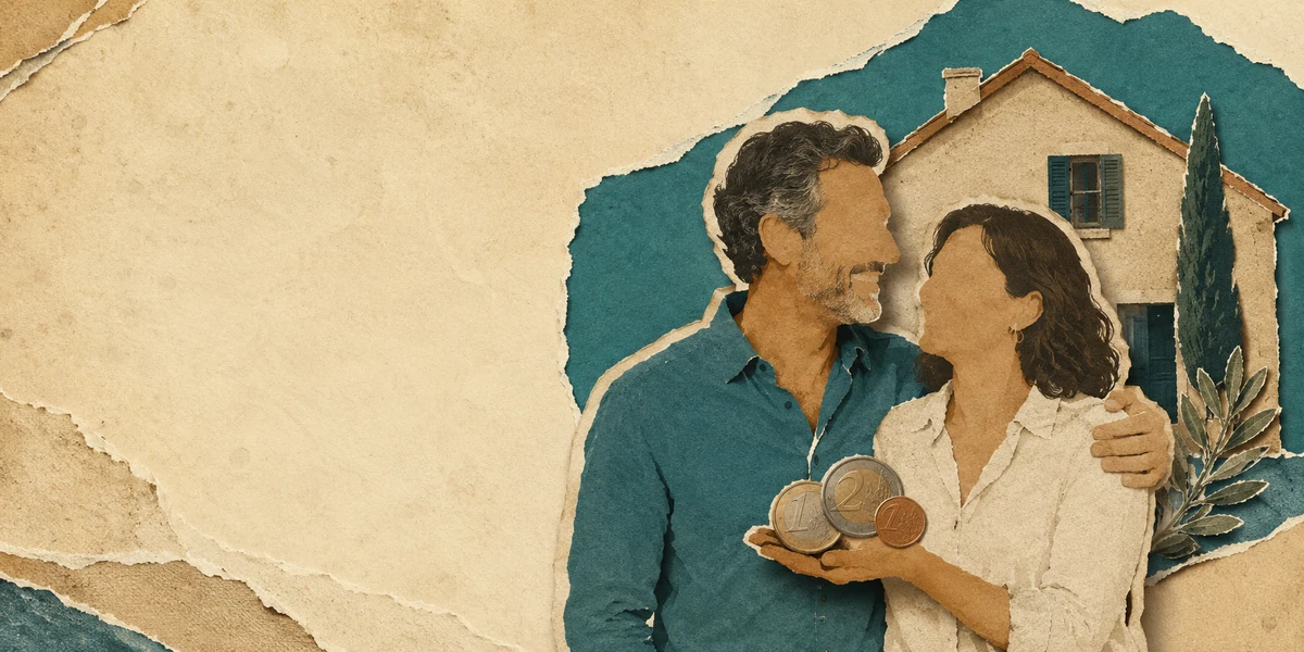 Pareja abrazada sonriendo y sosteniendo monedas de euro frente a la fachada de una casa, sobre un préstamo personal