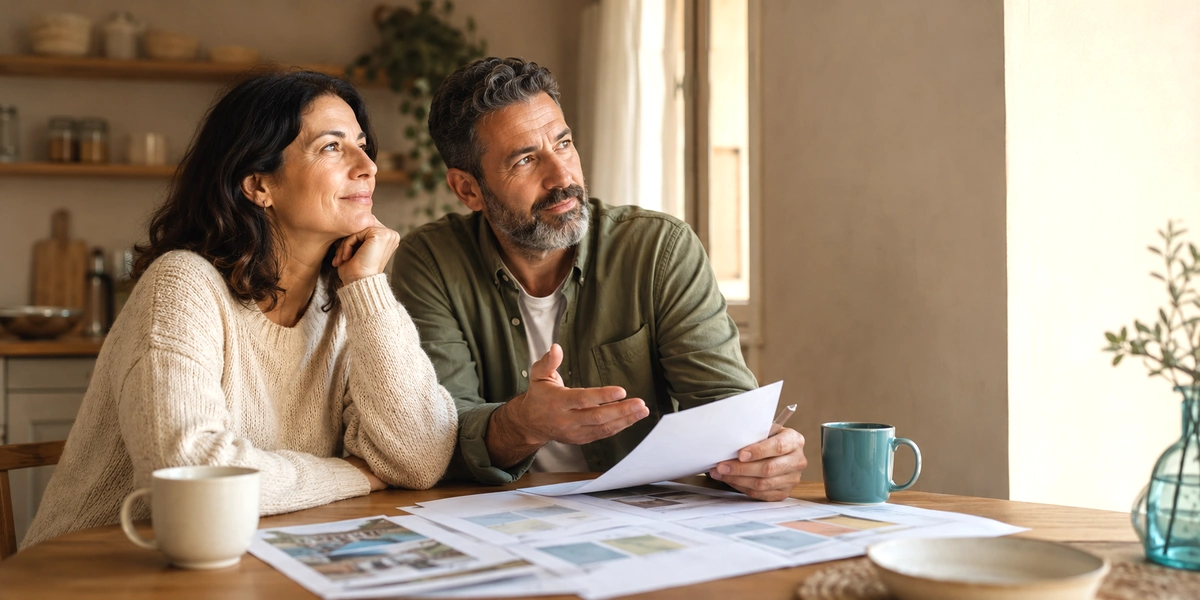 Pareja con varios documentos sobre la mesa, valorando las alternativas antes de la dación en pago