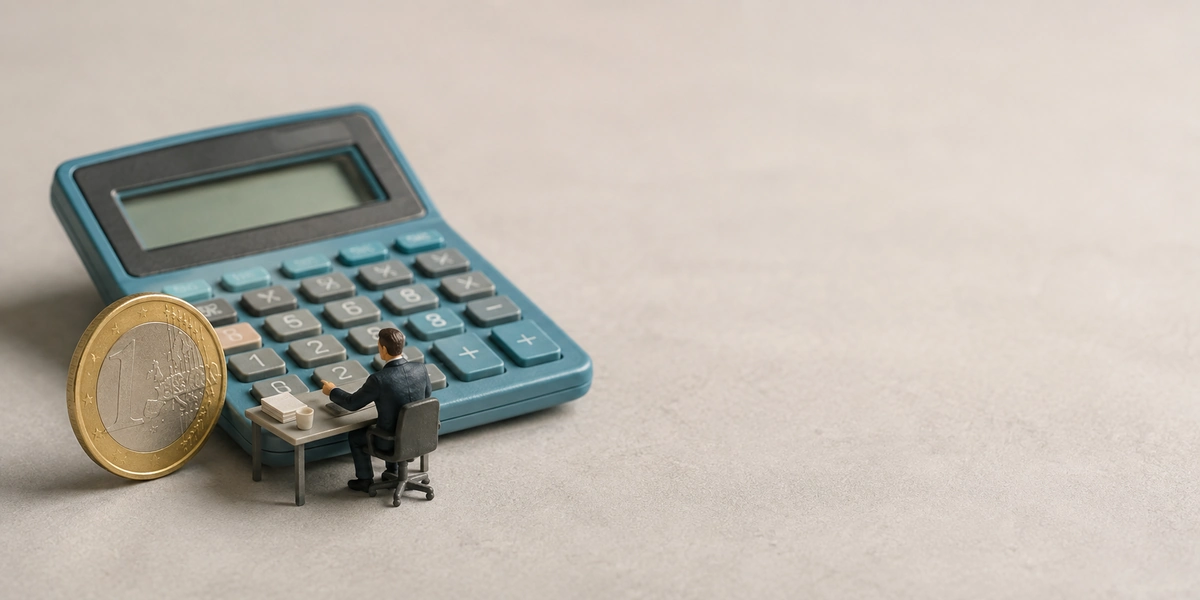 Figura en miniatura sentada ante una calculadora teal gigante y una moneda de 1 euro, calculando la cuota de autónomos 2026