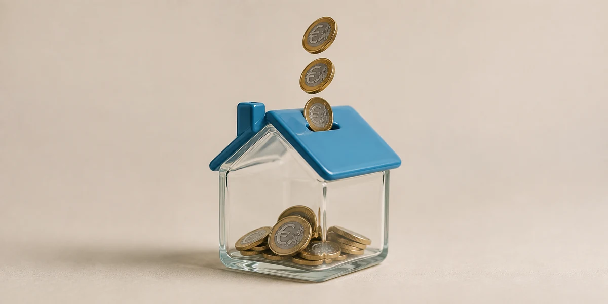Moneda de euro cayendo en una hucha de cristal con forma de casa, sobre cómo ahorrar dinero en casa