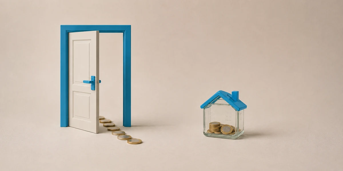 Puerta abierta con un rastro de monedas hacia una pequeña hucha con forma de casa, sobre cómo ahorrar dinero si ganas poco