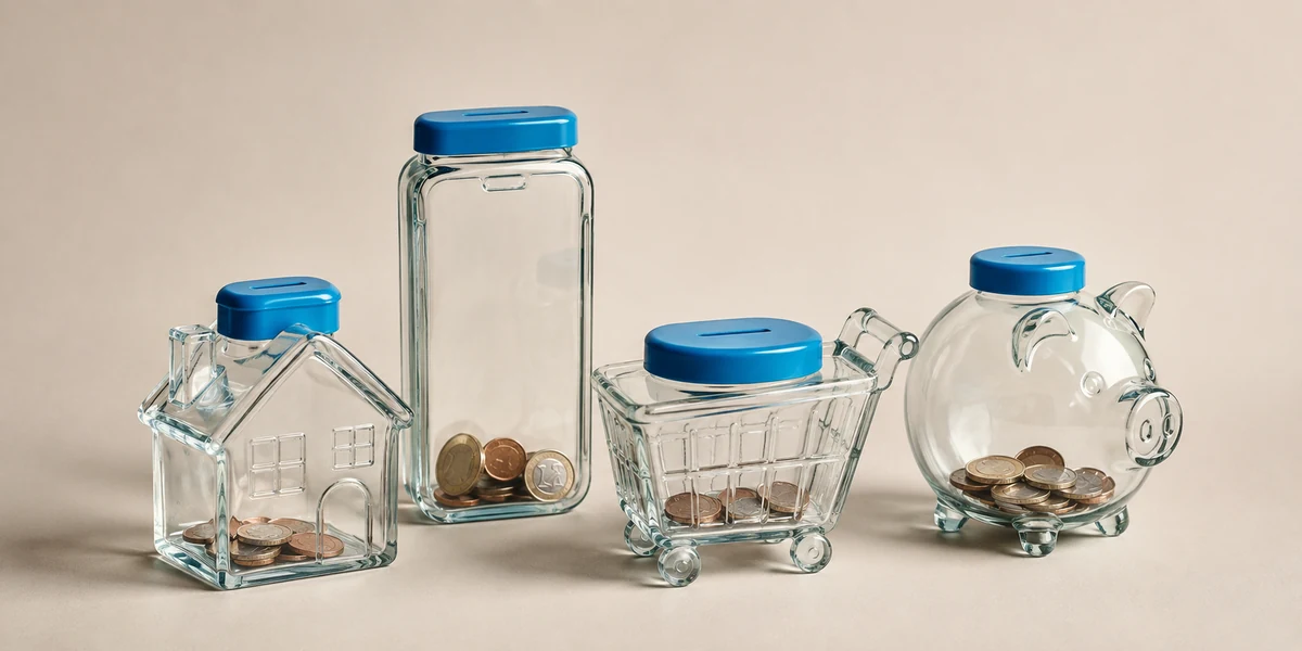 Huchas de cristal con forma de casa, bote, carrito y cerdito con monedas dentro, ideas sobre cómo ahorrar dinero