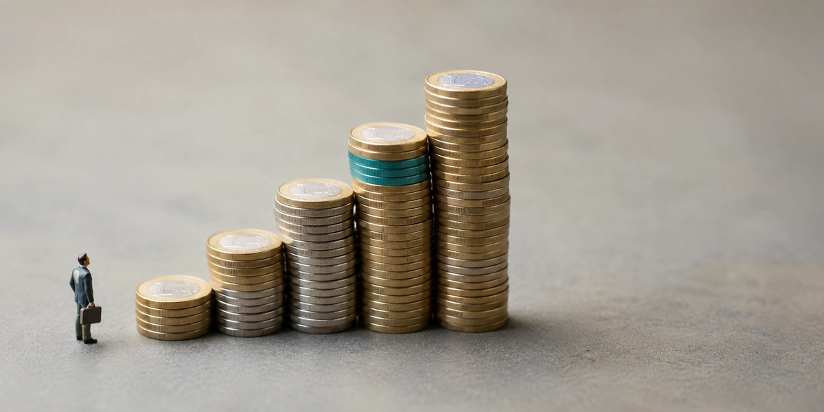 Figura en miniatura junto a una fila de monedas de euro apiladas de altura creciente, con una franja teal en una de ellas, sobre la cuota de autónomos 2026