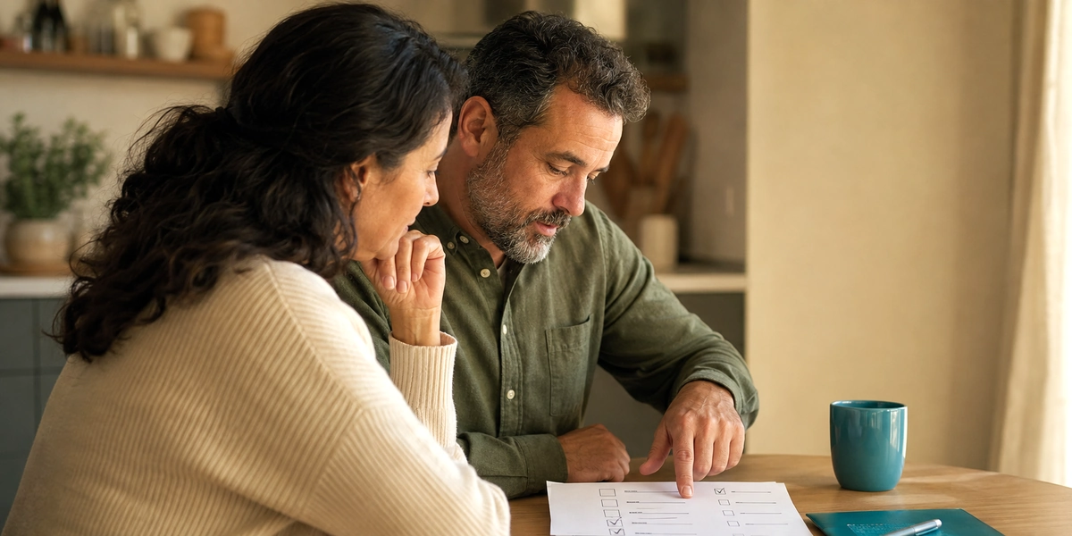 Pareja señalando una lista de casillas marcadas, revisando los requisitos de la dación en pago
