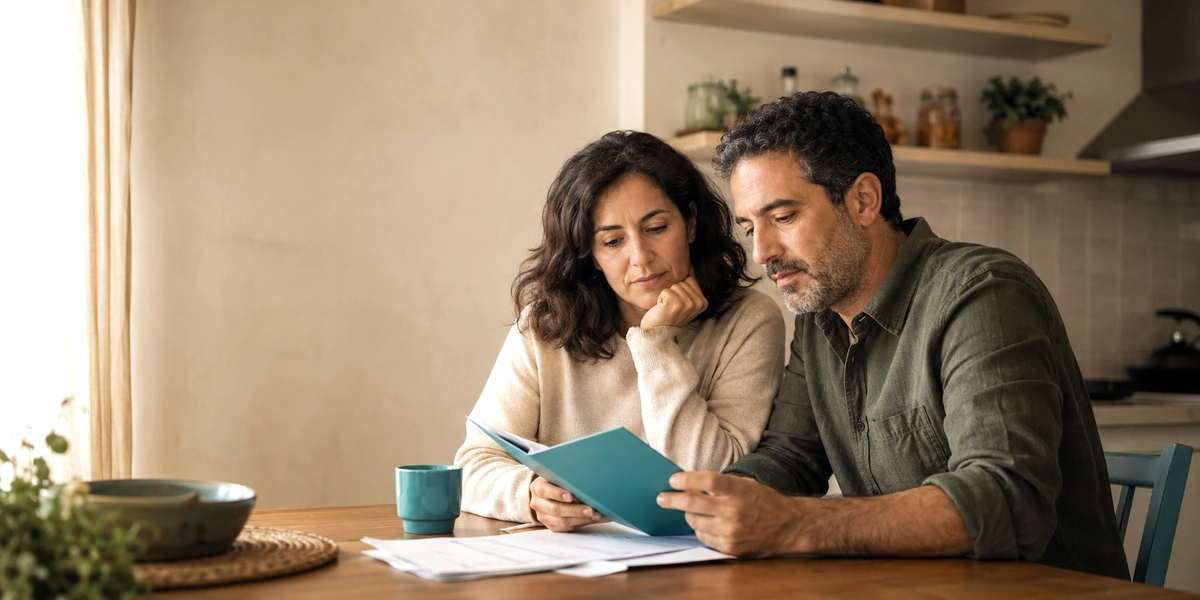 Pareja revisando juntos un documento en la cocina, hablando sobre la dación en pago de su vivienda