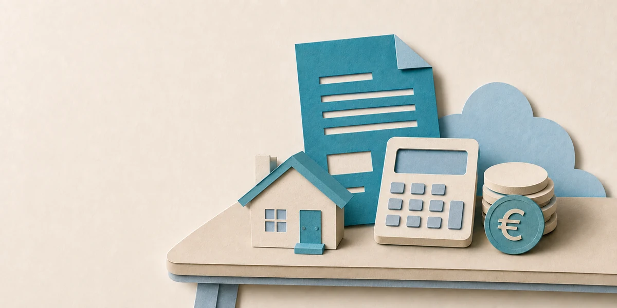 Vivienda en miniatura junto a un documento, una calculadora y monedas de euro, sobre los gastos de la subrogación hipotecaria