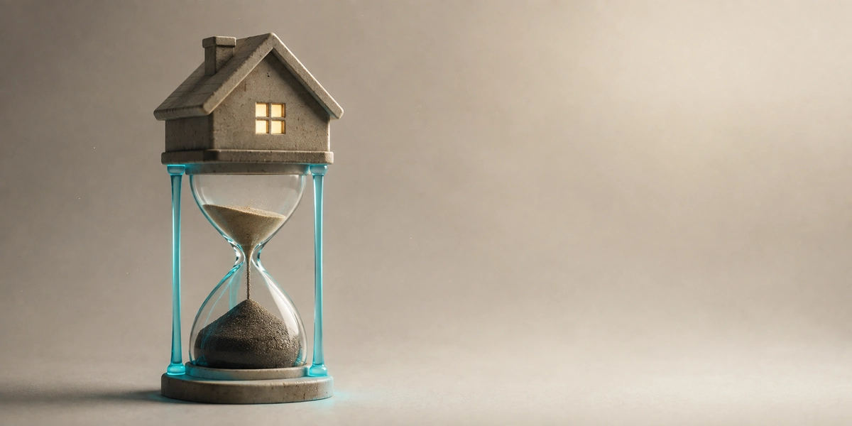 Reloj de arena con una vivienda en miniatura en su parte superior y arena oscura acumulándose abajo, representando cómo funciona la hipoteca inversa paso a paso
