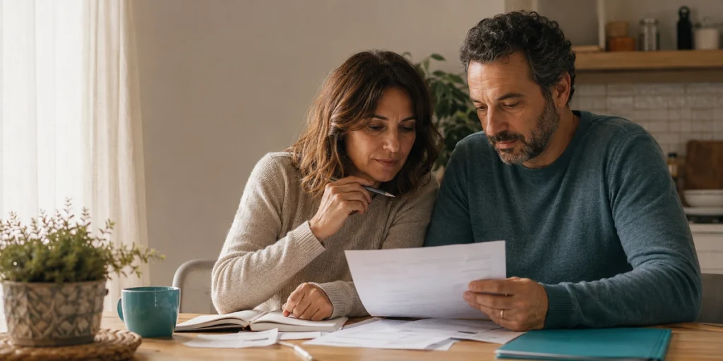 Pareja revisando sus cuentas y documentos en casa, afrontando el síndrome de ansiedad financiera
