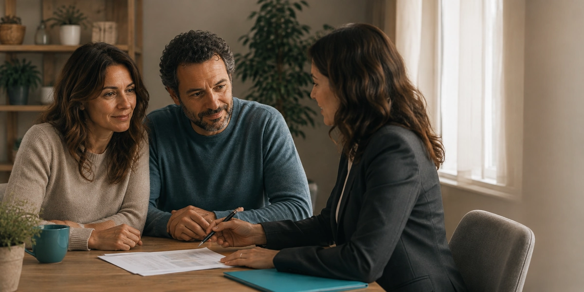 Pareja consultando con una asesora financiera sobre reunificar sus deudas para reducir la ansiedad financiera
