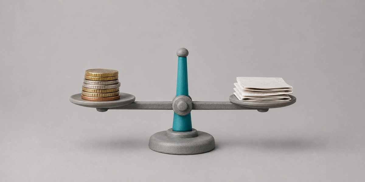 Balanza en equilibrio entre monedas de euro y papeles, ilustración sobre cómo evitar el sobreendeudamiento