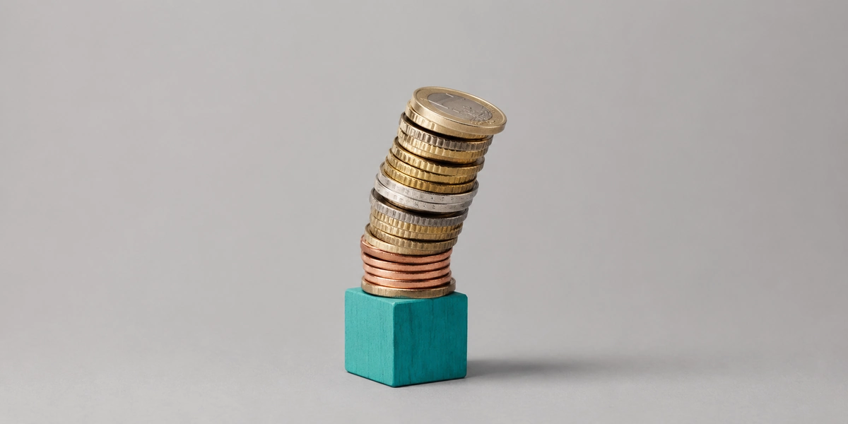 Pila de monedas de euro inclinada sobre un cubo de madera, ilustración sobre el sobreendeudamiento