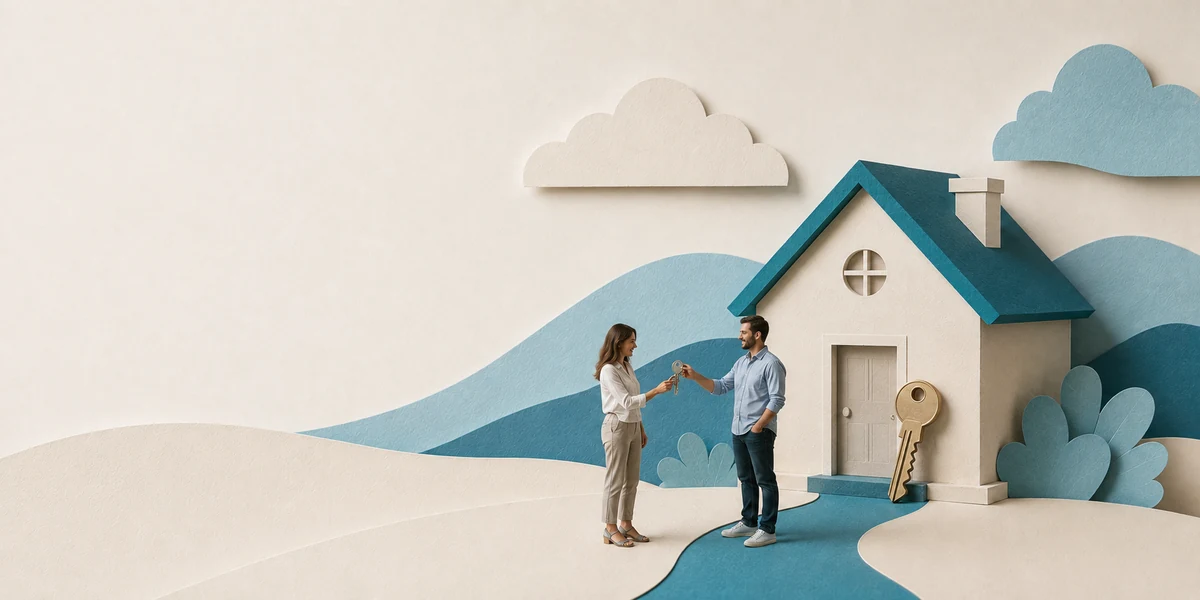 Pareja intercambiando las llaves de una vivienda, ilustración sobre la subrogación de hipoteca entre particulares