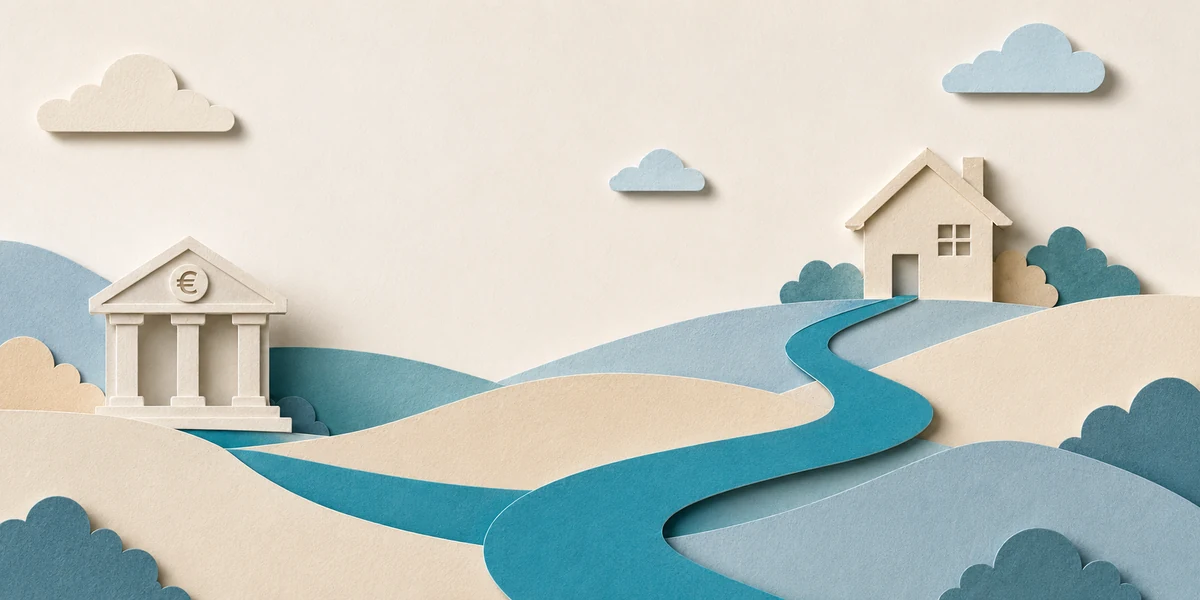 Camino que conecta un banco con una vivienda, ilustración sobre la subrogación hipotecaria