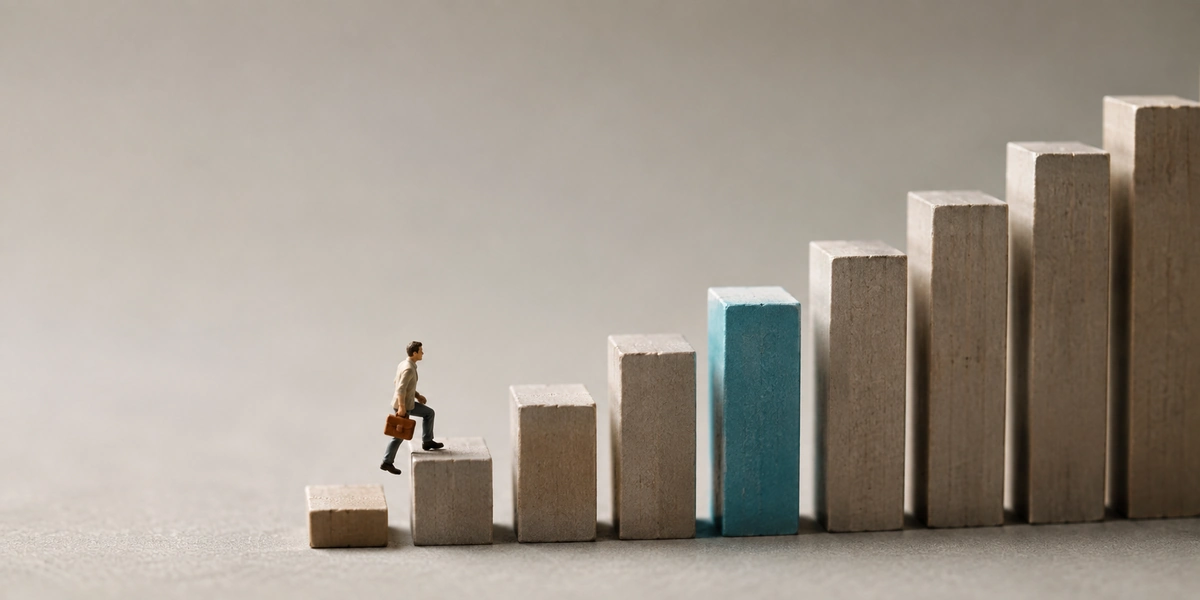 Figura en miniatura subiendo una escalera de bloques de madera de altura creciente, con un bloque teal en el centro, representando los tramos de cotización de autónomos 2026