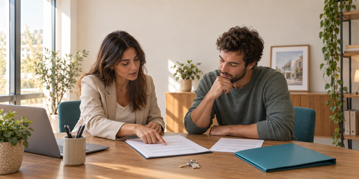 Agente inmobiliario explicando a un inquilino las condiciones de un contrato de alquiler con derecho a compra