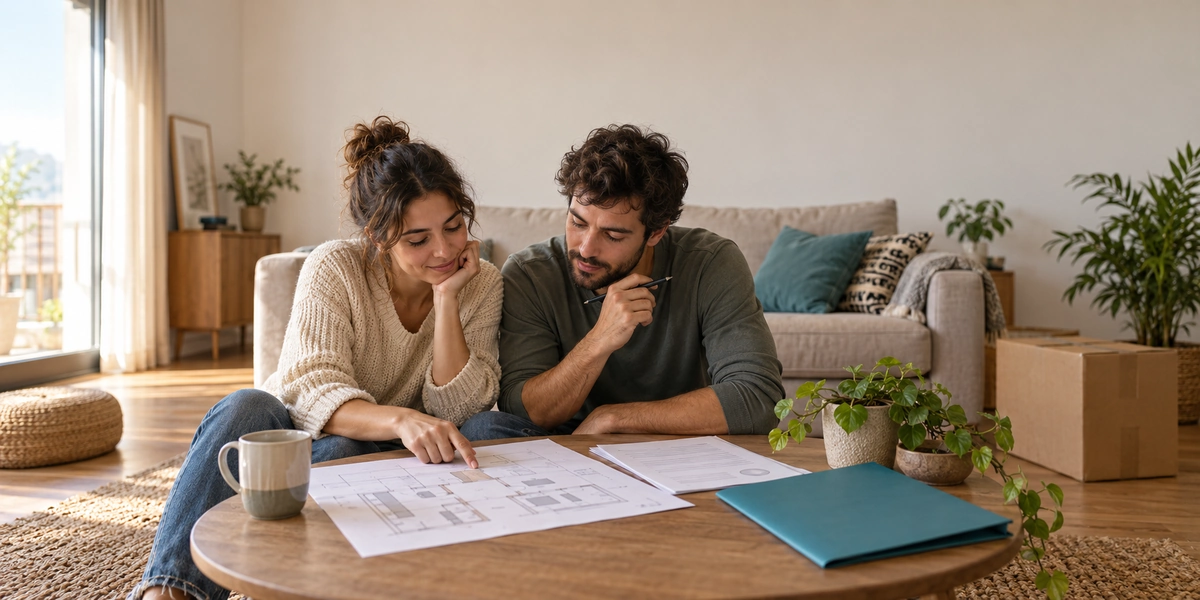 Pareja joven mirando los planos de una vivienda con opción a compra en el salón de su casa