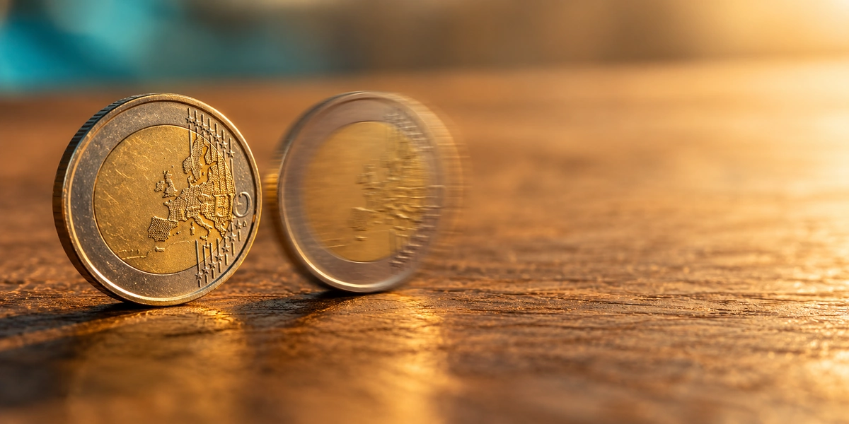 Dos monedas de euro sobre una mesa, una nítida y otra en movimiento, representando la diferencia entre amortizar una hipoteca fija y una variable