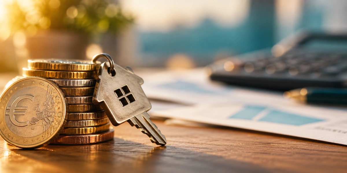 Llave de una vivienda apoyada junto a una pila de monedas de euro, en primer plano, sobre si conviene amortizar la hipoteca