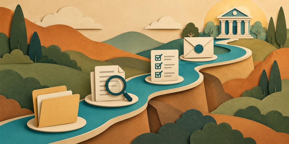 Ilustración de un camino con iconos de carpeta, lupa, listado de verificación y sobre sellado que conduce a un edificio bancario, representando el proceso de reclamación