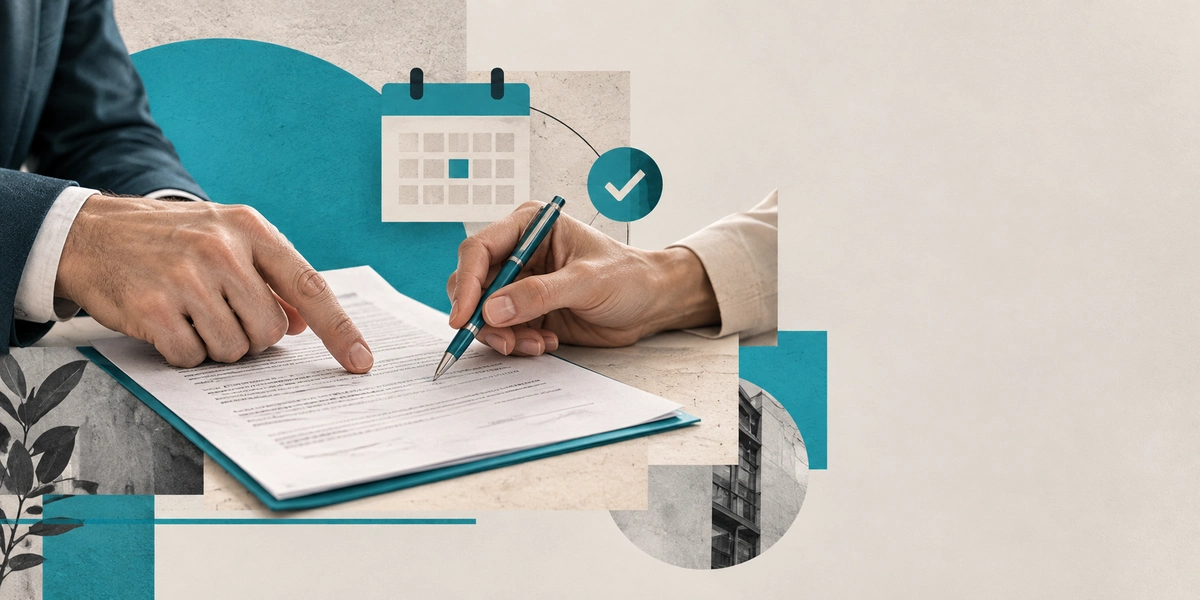 Dos manos revisando y firmando un contrato de préstamo entre particulares junto a un calendario y una marca de verificación.
