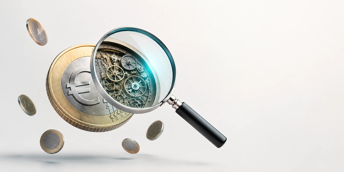 Moneda de euro observada con una lupa que revela un mecanismo de engranajes, junto a monedas dispersas, sobre el coste del préstamo con garantía hipotecaria