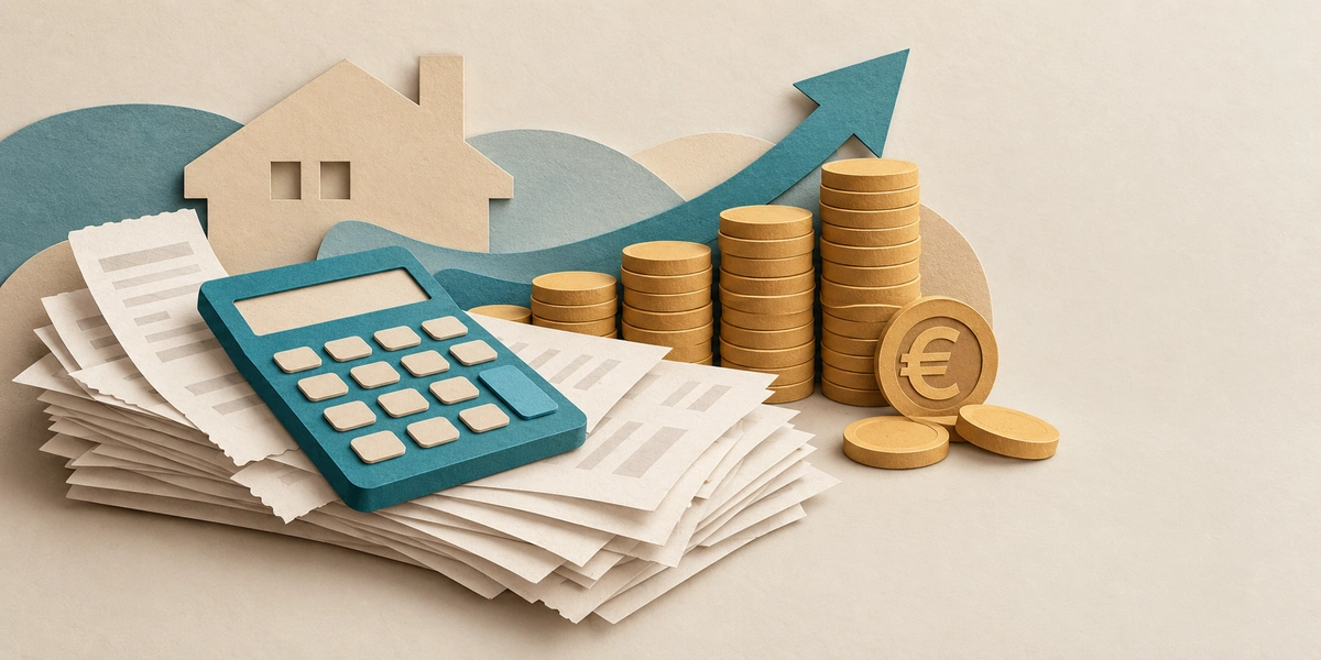 Ilustración de una calculadora sobre facturas apiladas junto a monedas de euro, representando el cálculo del importe a recuperar