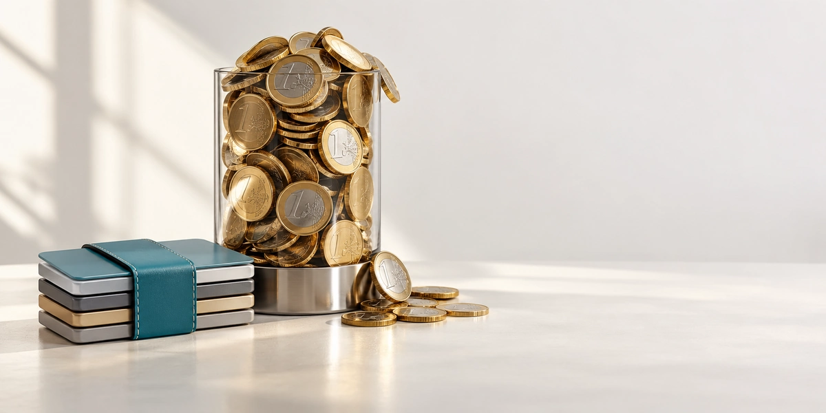 Recipiente de cristal desbordado de monedas de euro junto a varias tarjetas unidas con una banda azul, sobre el interés compuesto en las deudas