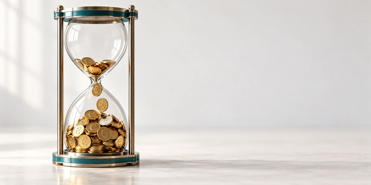 Reloj de arena de cristal con monedas de euro cayendo y acumulándose en la parte inferior, imagen sobre qué es el interés compuesto